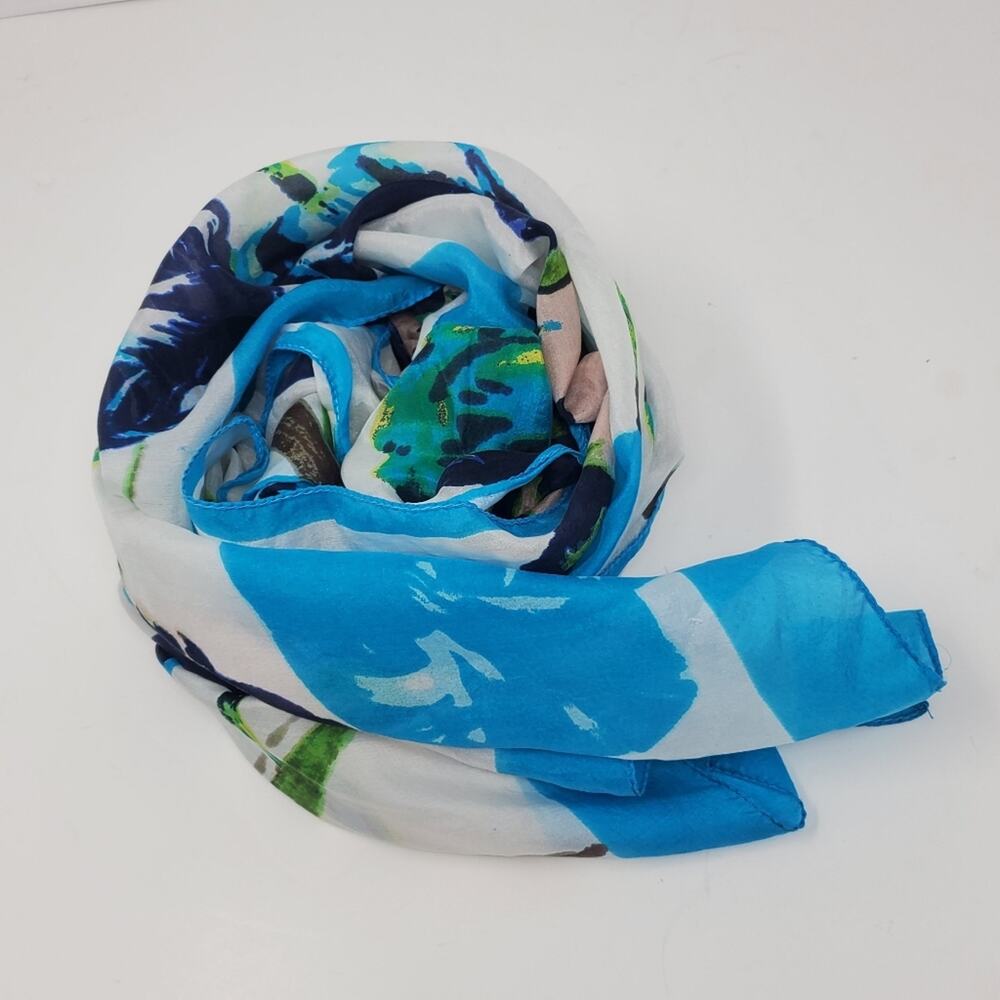 J Francis Scarf 100% Silk (72"x21") Floral blue and white  From India